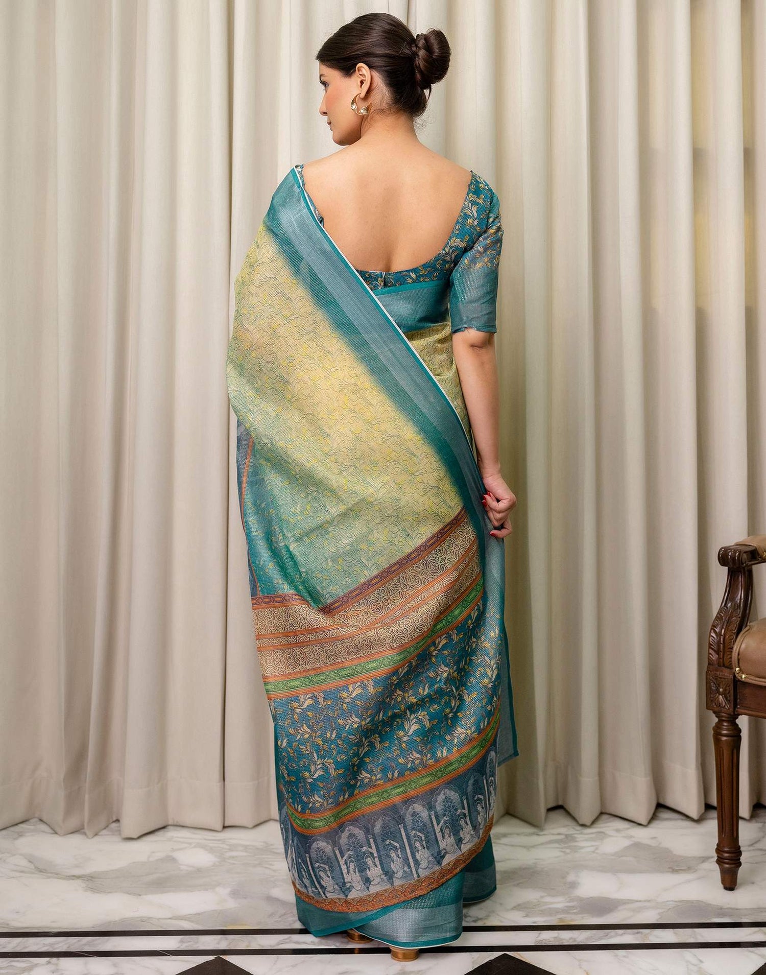 Ready To Wear Teal Blue Cotton Printed Saree