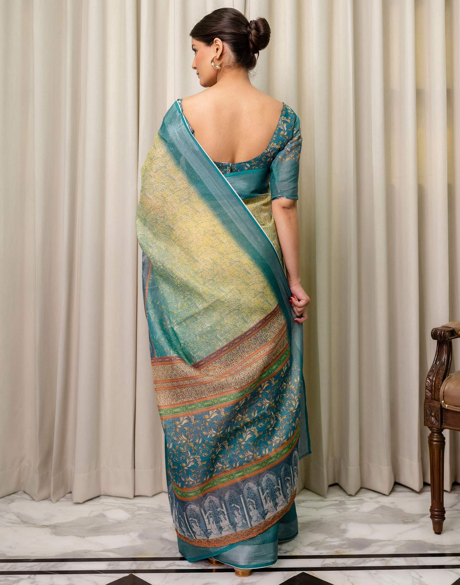 Ready To Wear Teal Blue Cotton Printed Saree