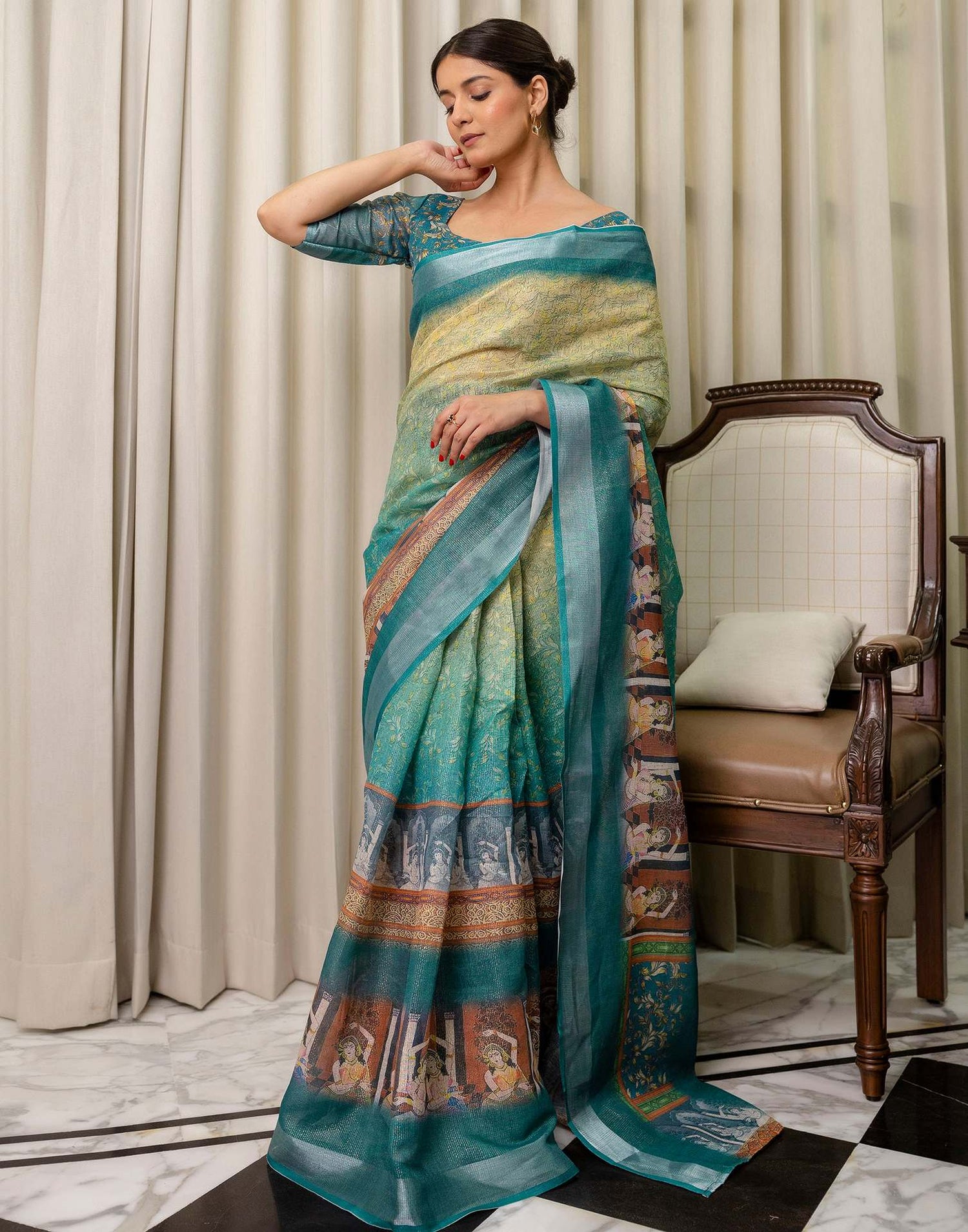 Ready To Wear Teal Blue Cotton Printed Saree