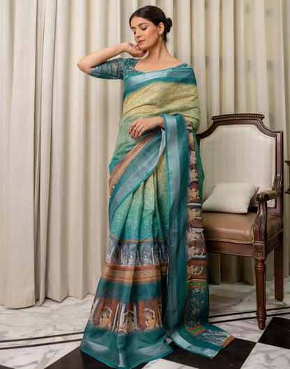 Ready To Wear Teal Blue Cotton Printed Saree