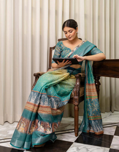 Ready To Wear Teal Blue Cotton Printed Saree