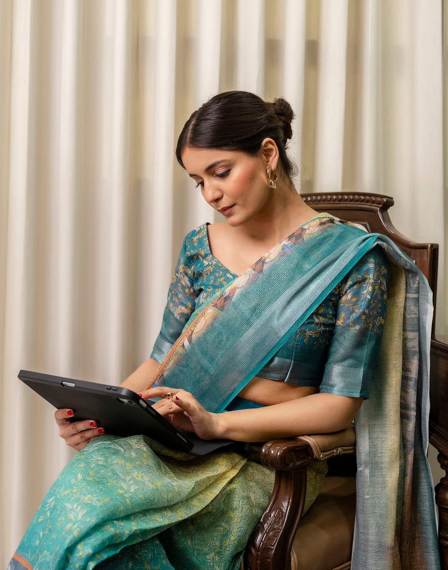 Ready To Wear Teal Blue Cotton Printed Saree