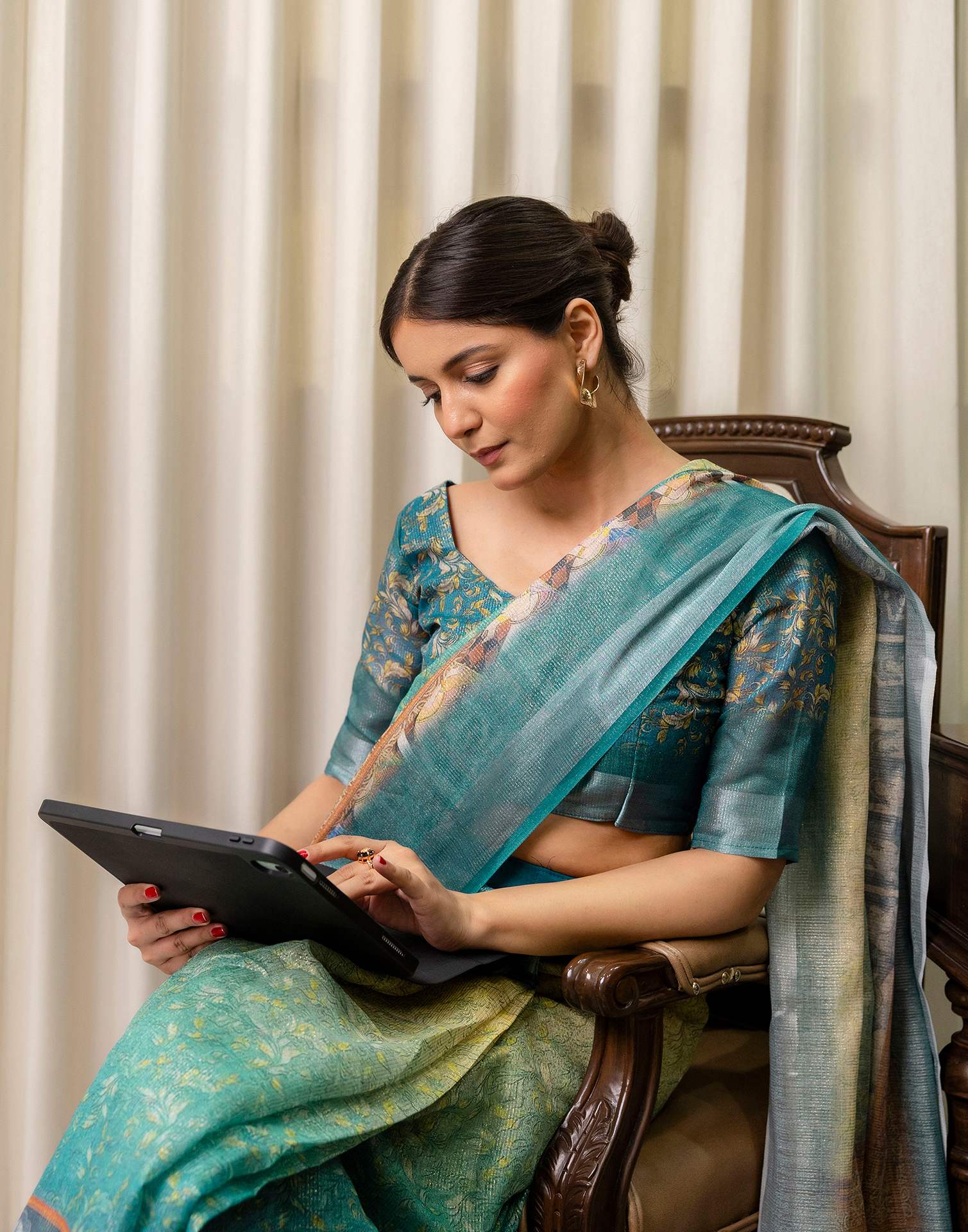 Ready To Wear Teal Blue Cotton Printed Saree