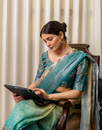 Ready To Wear Teal Blue Cotton Printed Saree