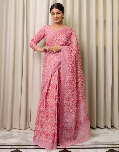 Ready To Wear Pink Linen Printed Saree