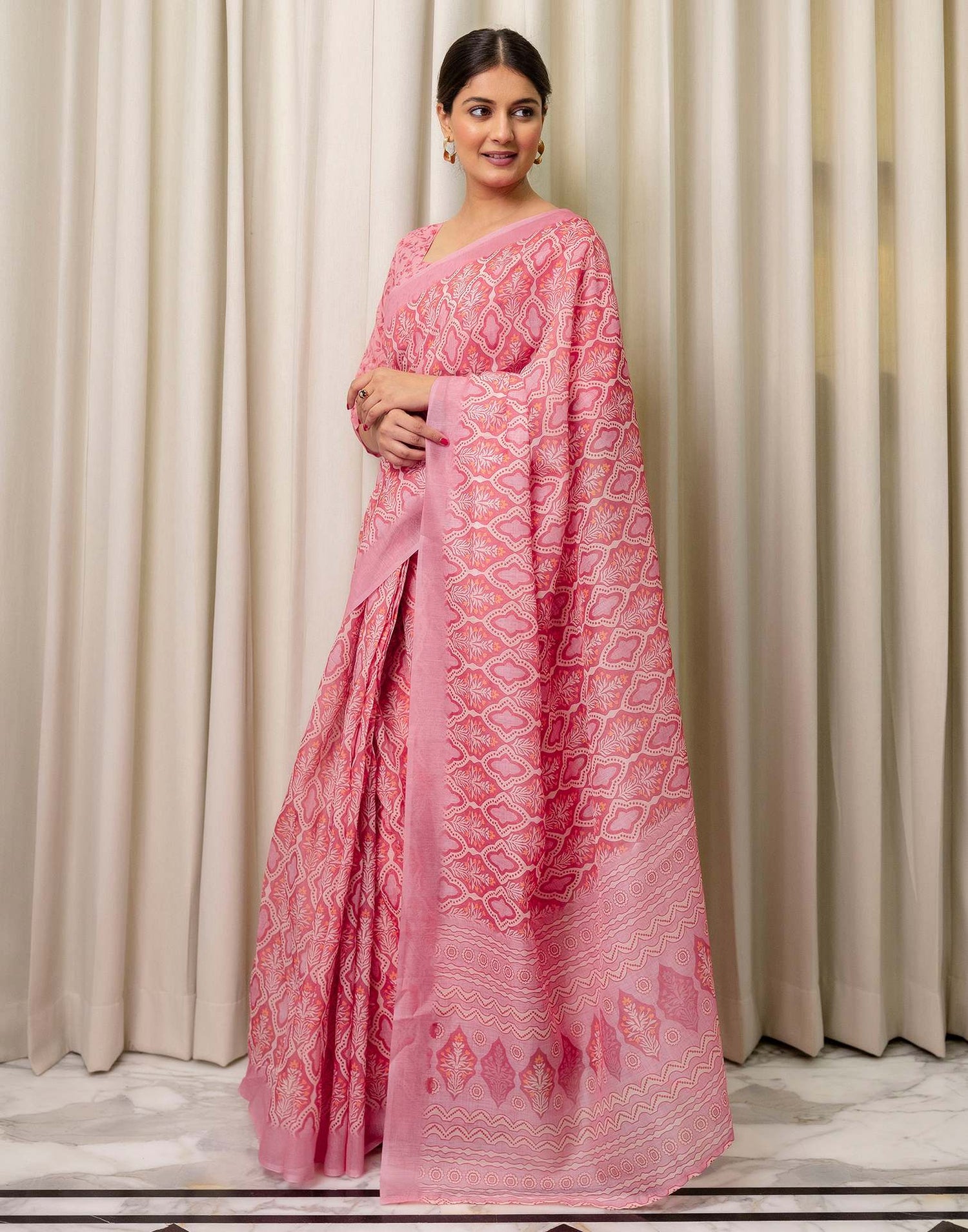 Ready To Wear Pink Linen Printed Saree