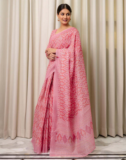 Ready To Wear Pink Linen Printed Saree