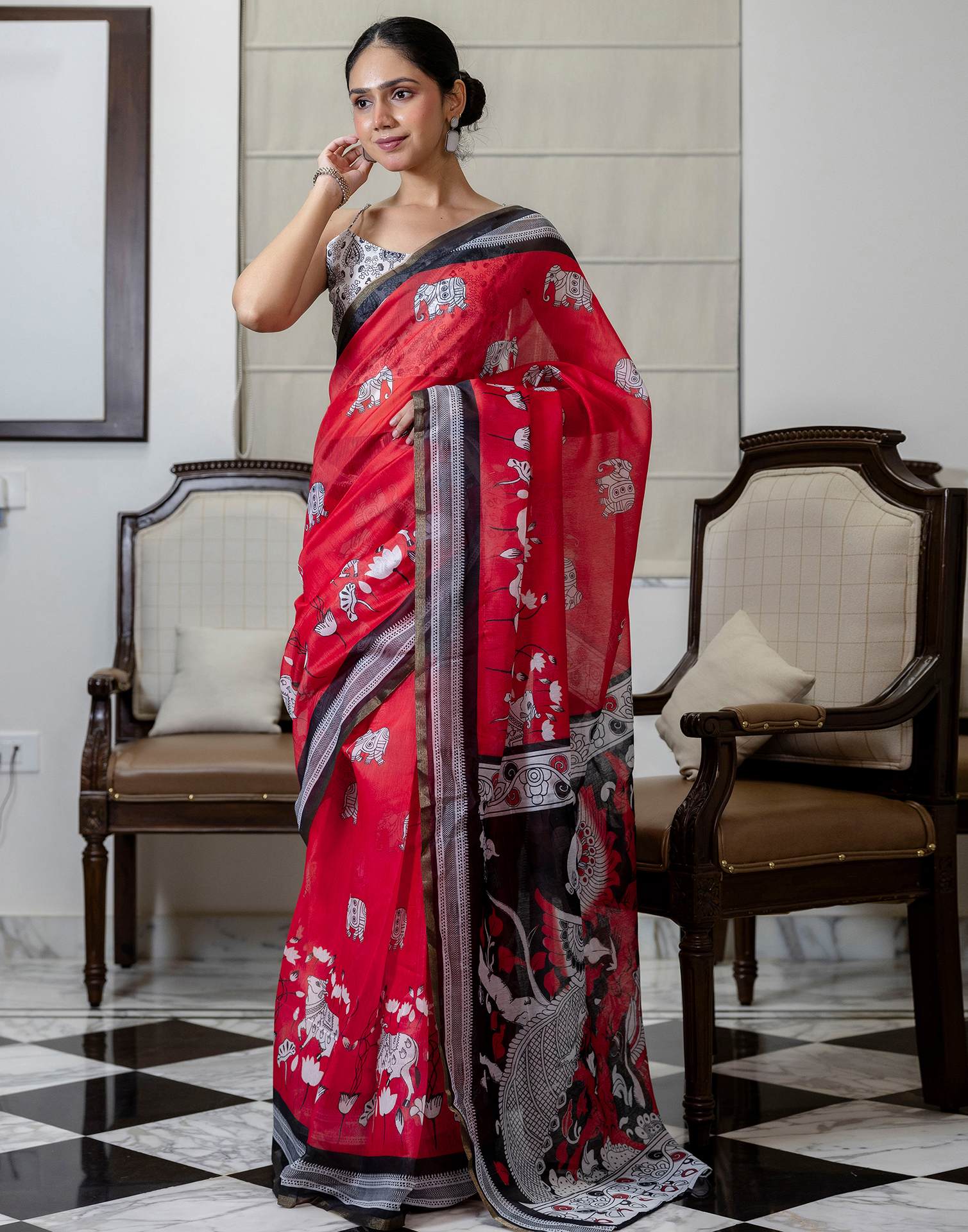 Ready To Wear Red Linen Printed Saree