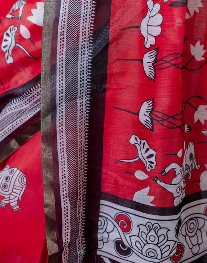 Ready To Wear Red Linen Printed Saree