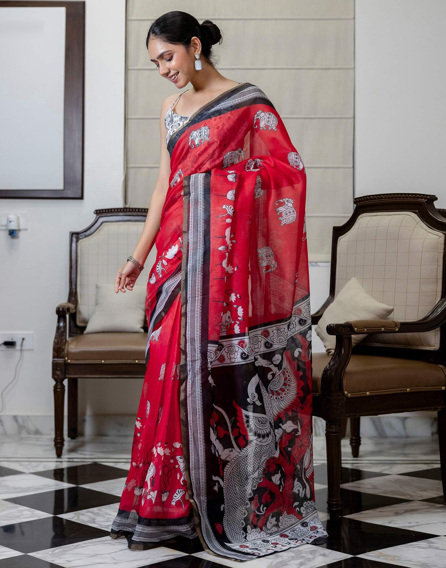 Ready To Wear Red Linen Printed Saree