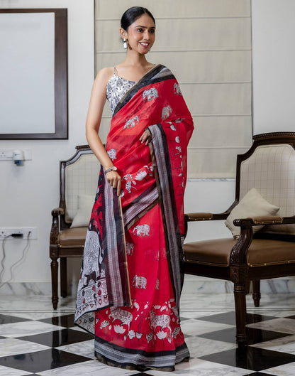 Ready To Wear Red Linen Printed Saree