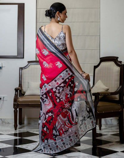 Ready To Wear Red Linen Printed Saree