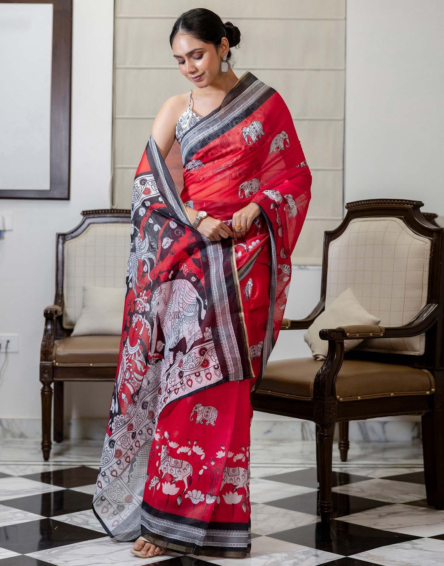 Ready To Wear Red Linen Printed Saree