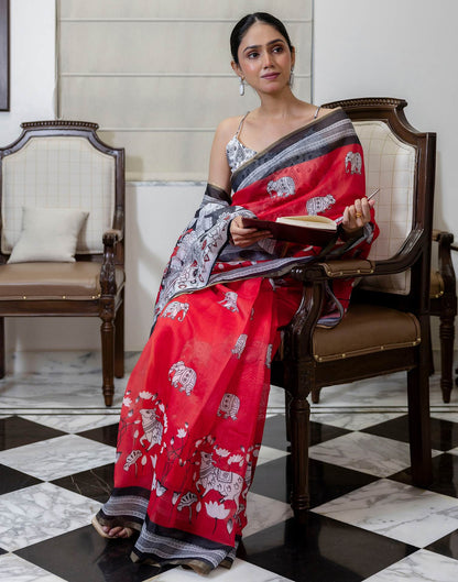 Ready To Wear Red Linen Printed Saree