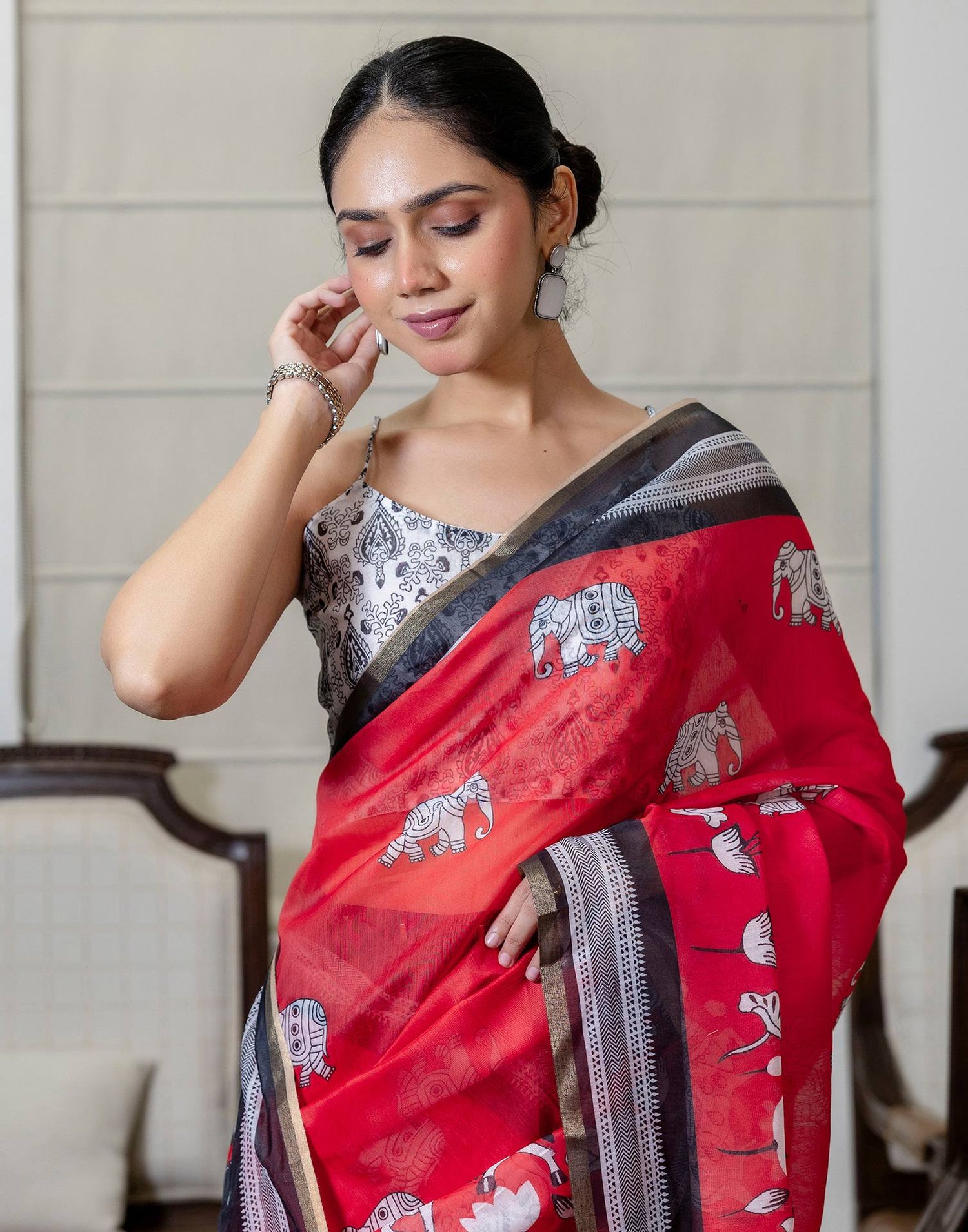 Ready To Wear Red Linen Printed Saree