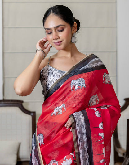 Ready To Wear Red Linen Printed Saree
