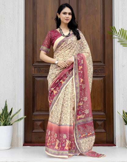 Ready To Wear Beige Linen Printed Saree