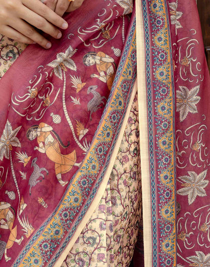 Ready To Wear Beige Linen Printed Saree