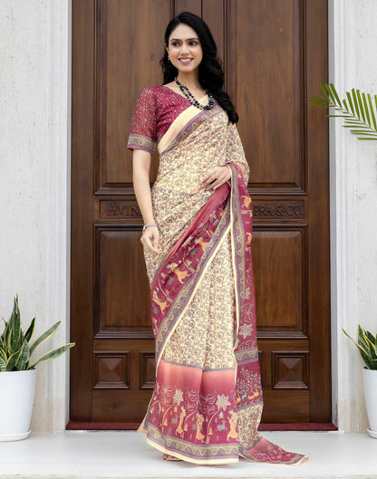 Ready To Wear Beige Linen Printed Saree