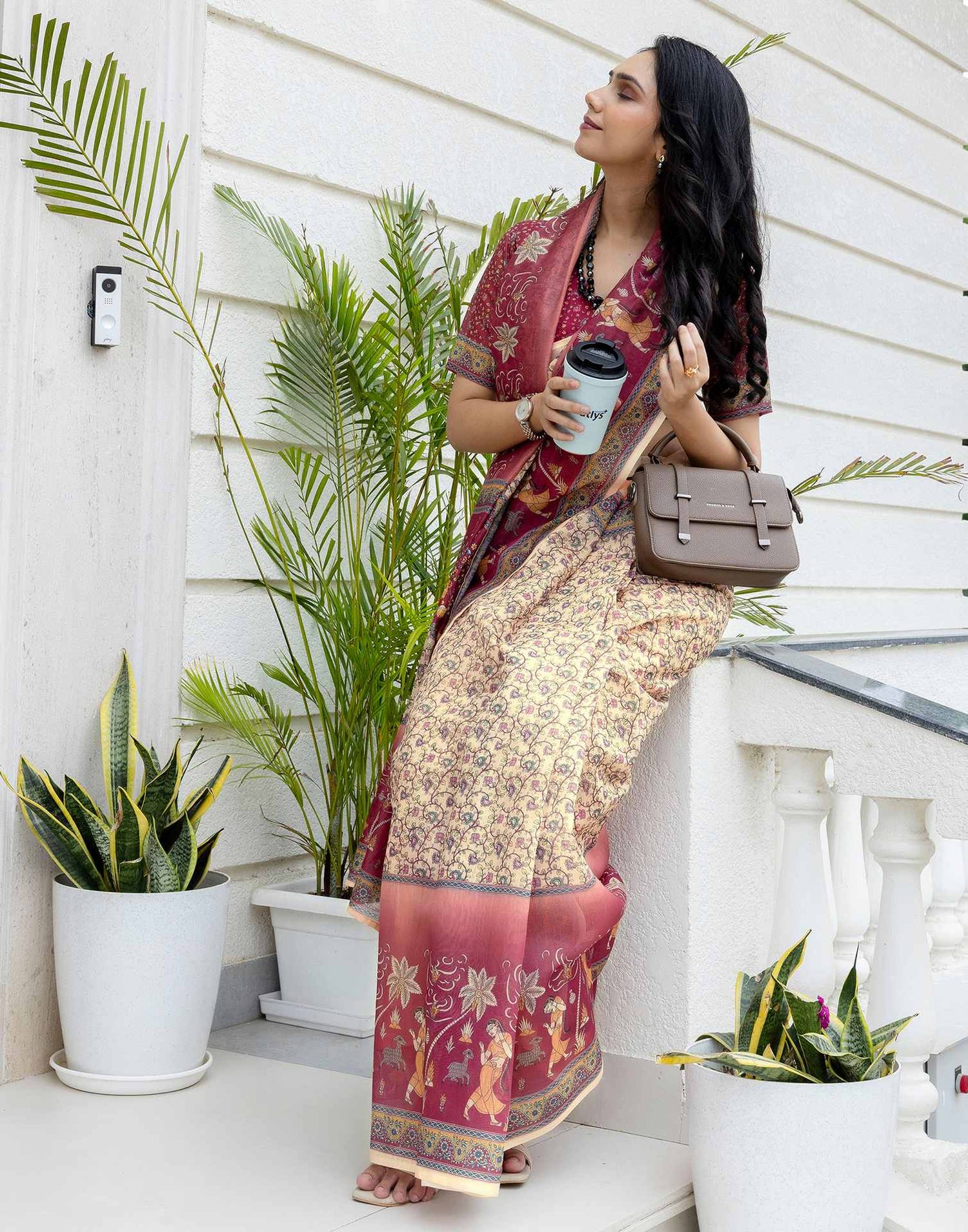 Ready To Wear Beige Linen Printed Saree