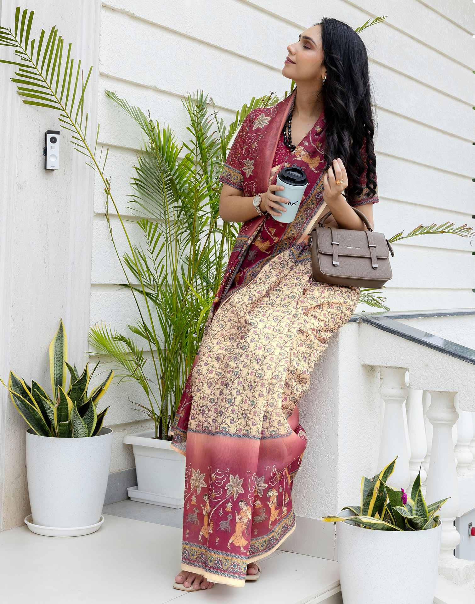 Ready To Wear Beige Linen Printed Saree