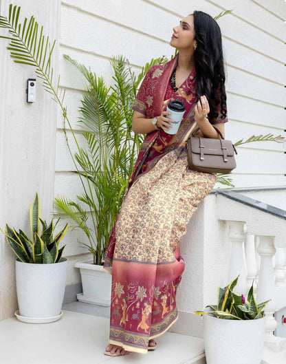Ready To Wear Beige Linen Printed Saree