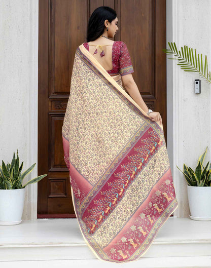 Ready To Wear Beige Linen Printed Saree