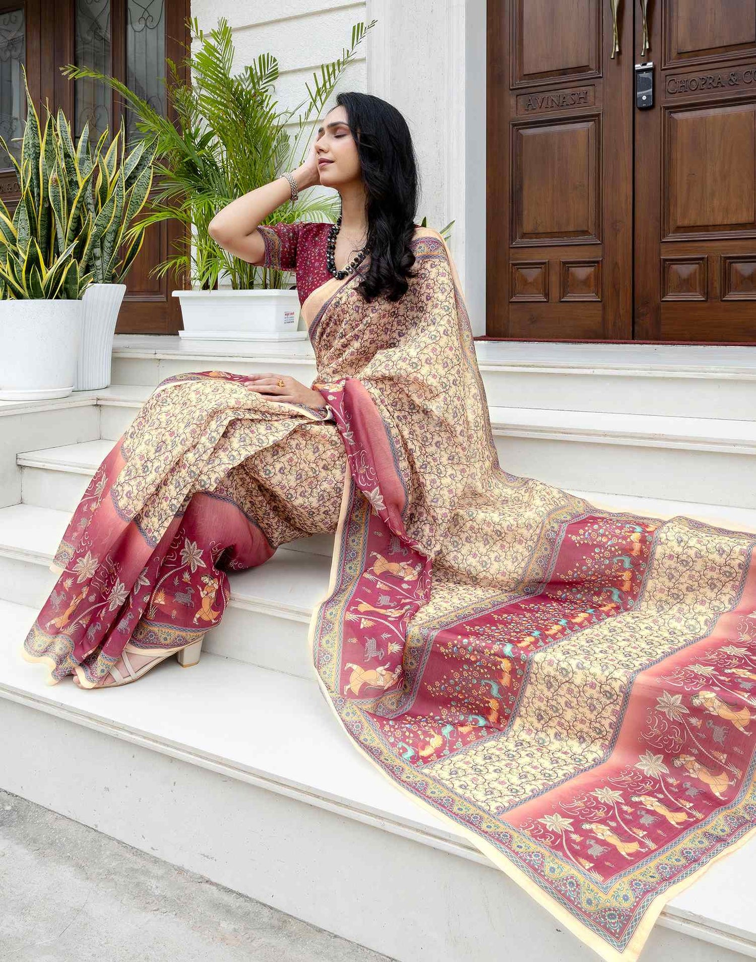 Ready To Wear Beige Linen Printed Saree