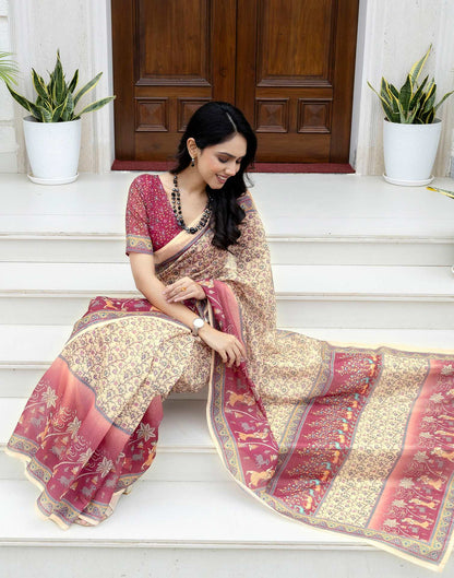 Ready To Wear Beige Linen Printed Saree