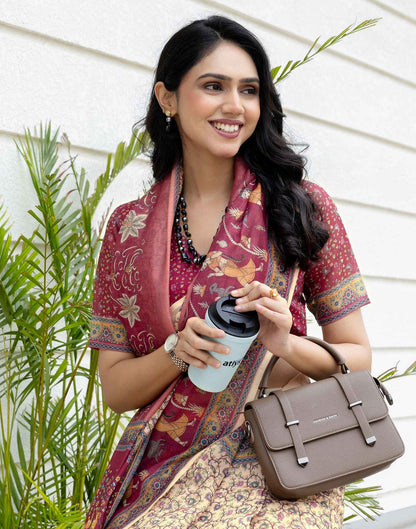 Ready To Wear Beige Linen Printed Saree