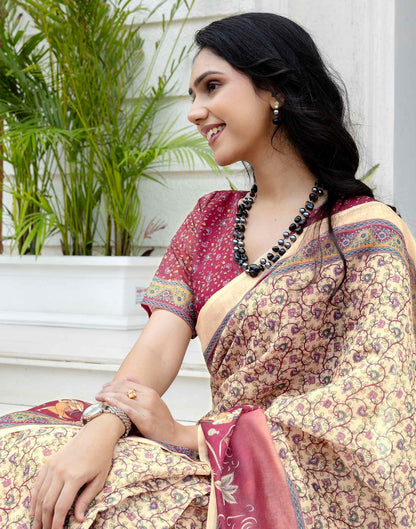 Ready To Wear Beige Linen Printed Saree