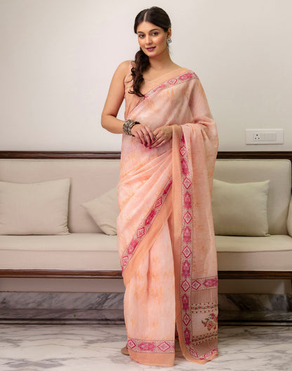 Ready To Wear Peach Linen Printed Saree
