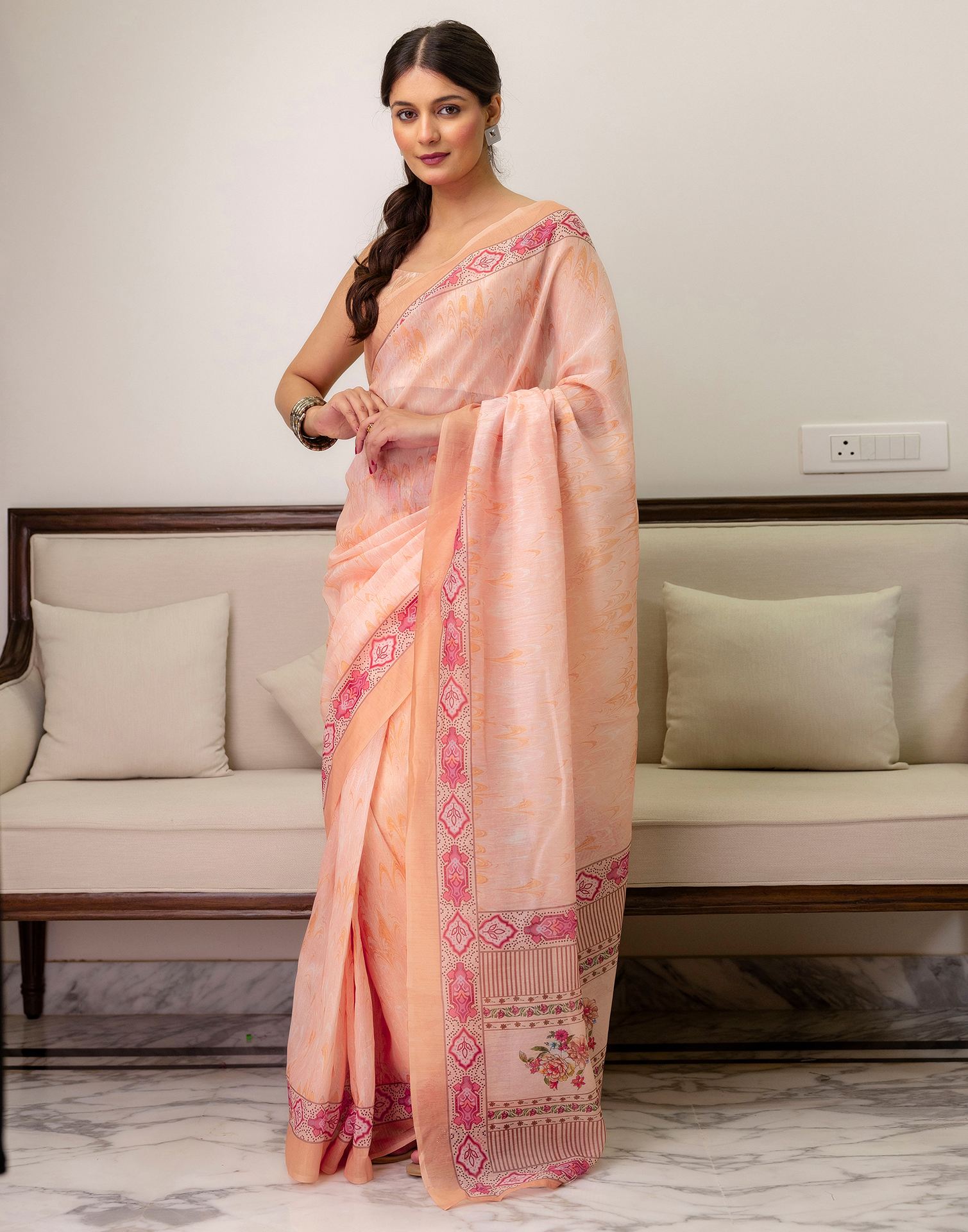 Ready To Wear Peach Linen Printed Saree