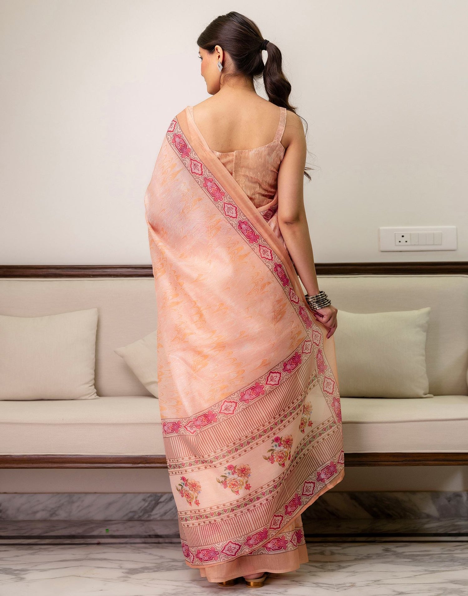 Ready To Wear Peach Linen Printed Saree