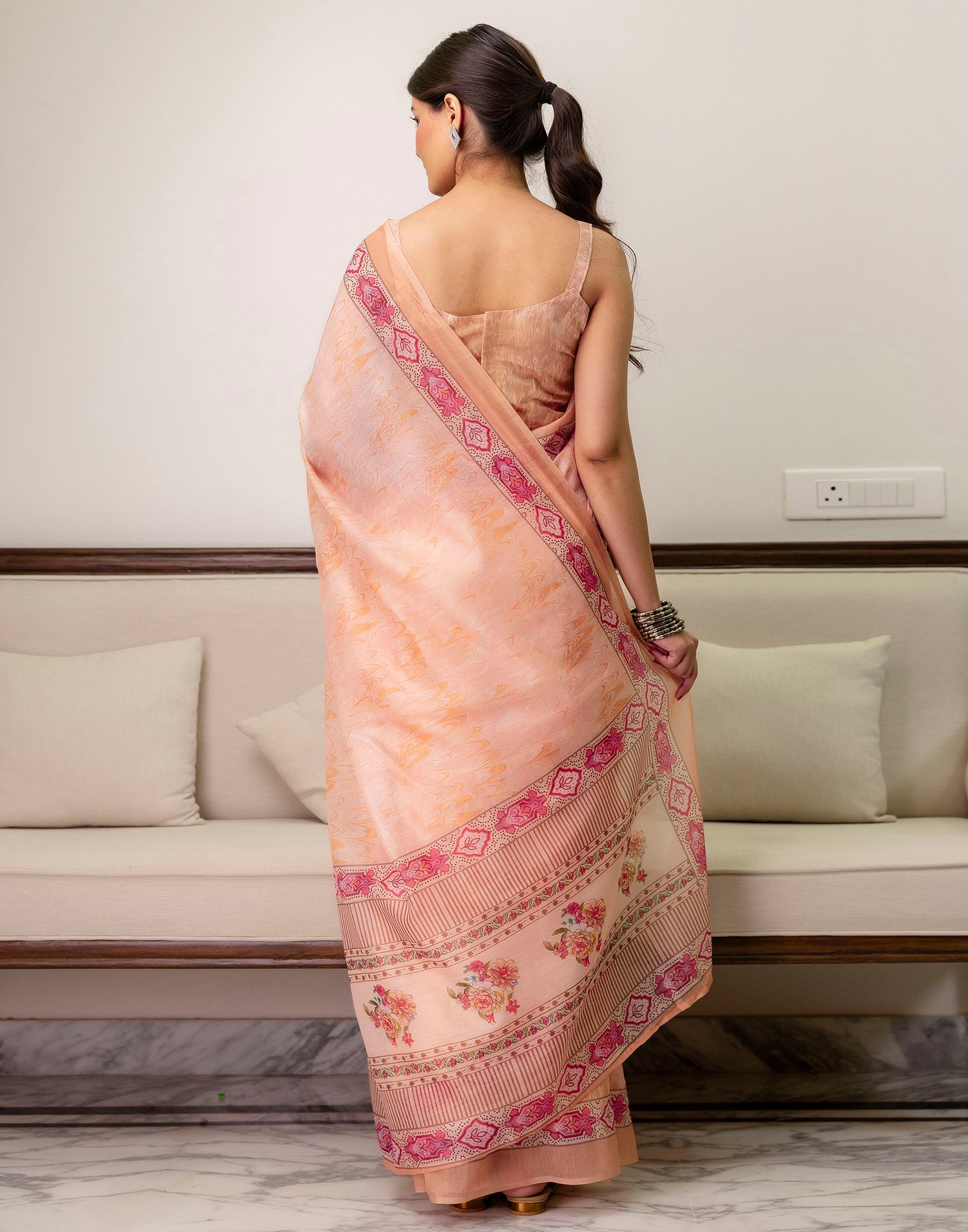 Ready To Wear Peach Linen Printed Saree