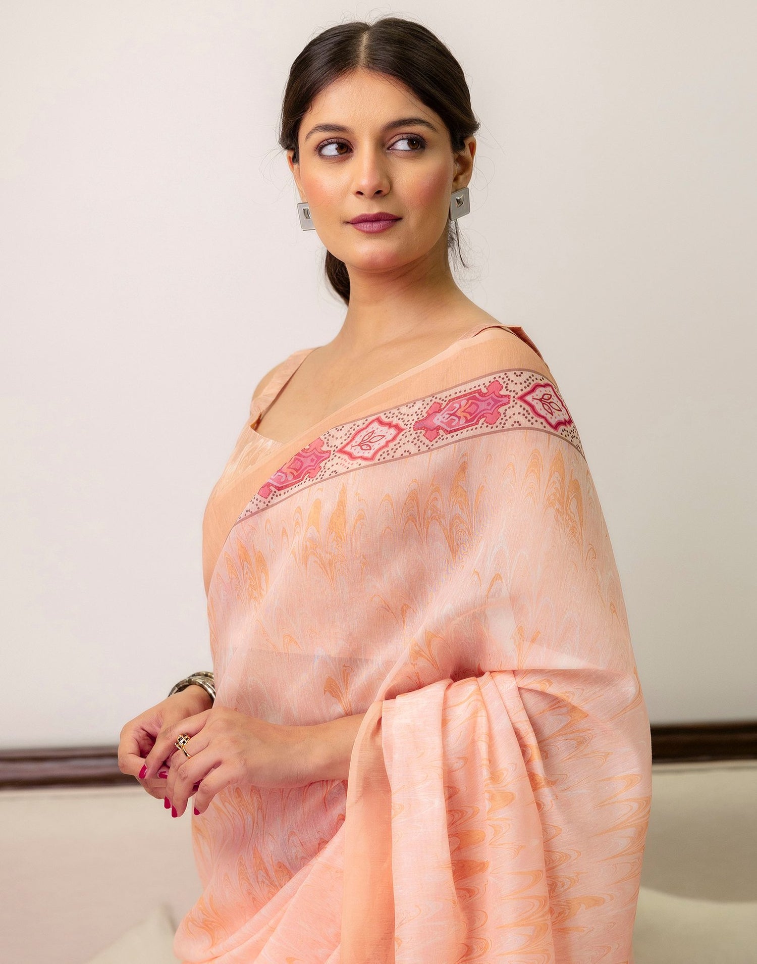 Ready To Wear Peach Linen Printed Saree