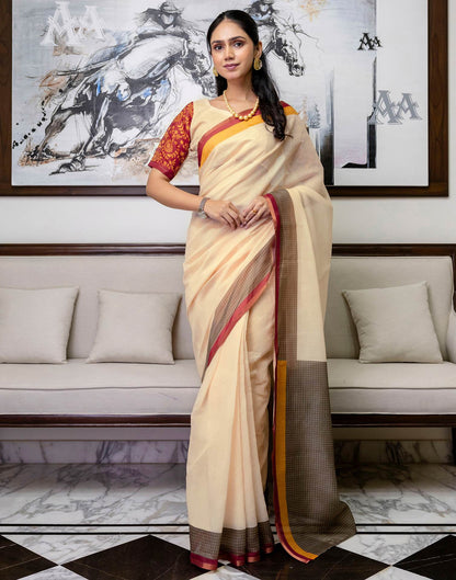 Ready To Wear Light Peach Linen Printed Saree
