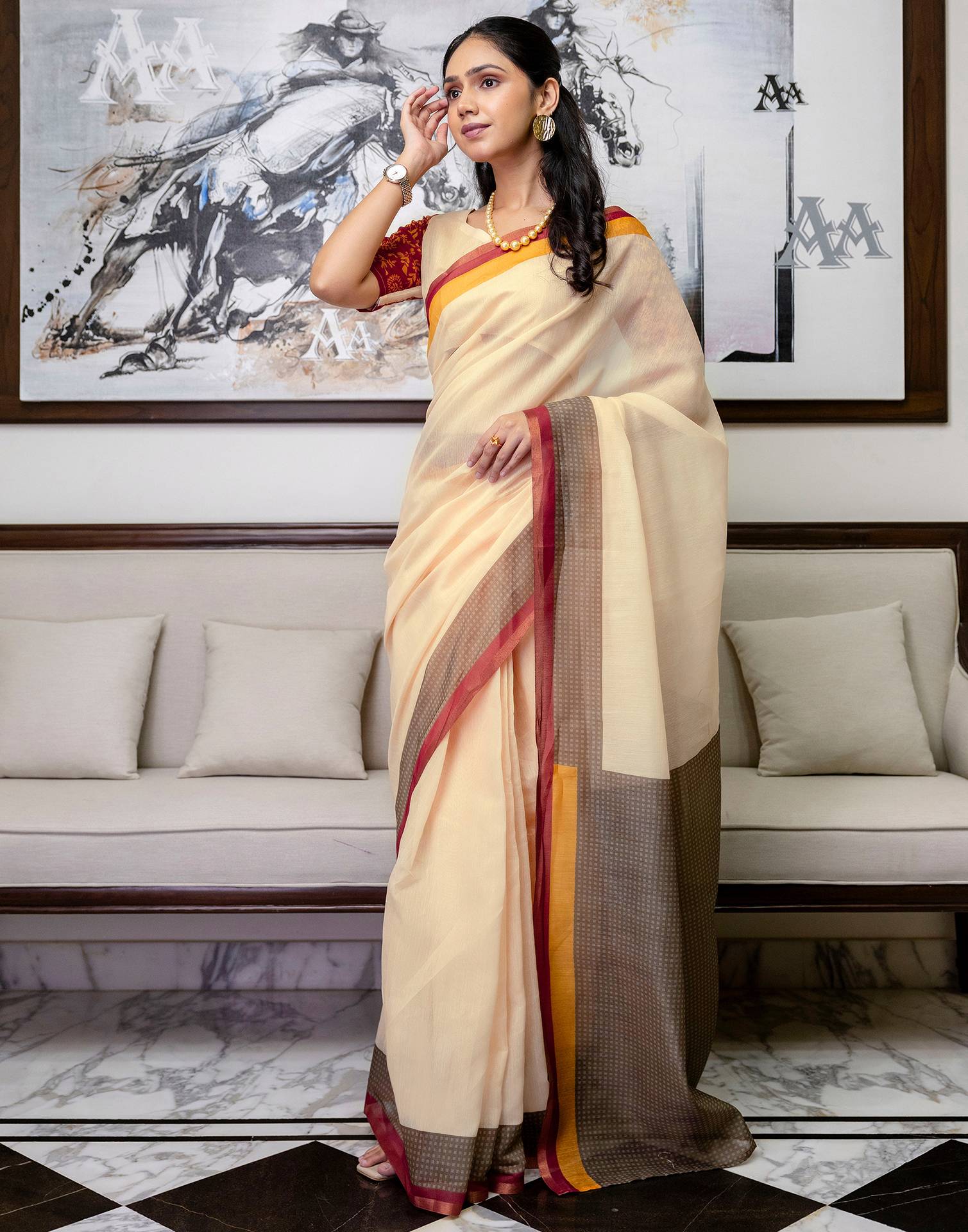 Ready To Wear Light Peach Linen Printed Saree