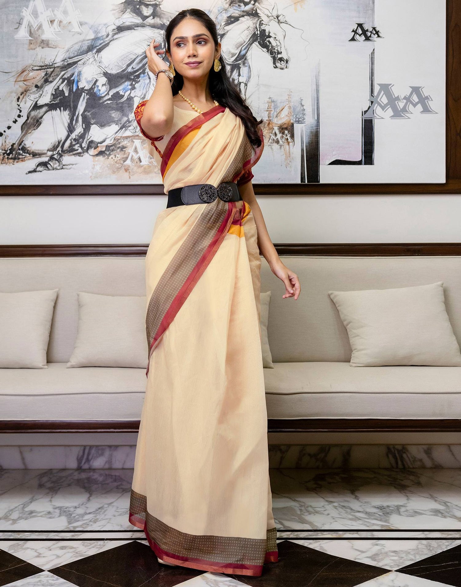 Ready To Wear Light Peach Linen Printed Saree