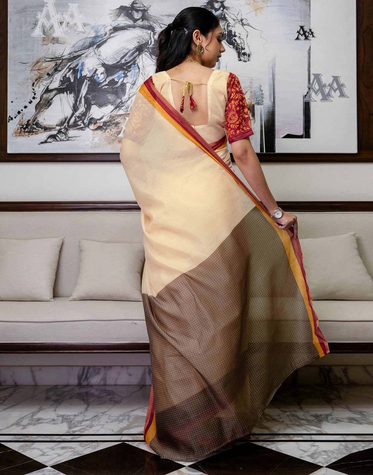 Ready To Wear Light Peach Linen Printed Saree