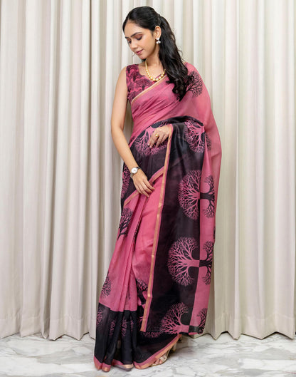 Ready To Wear Pink Linen Printed Saree