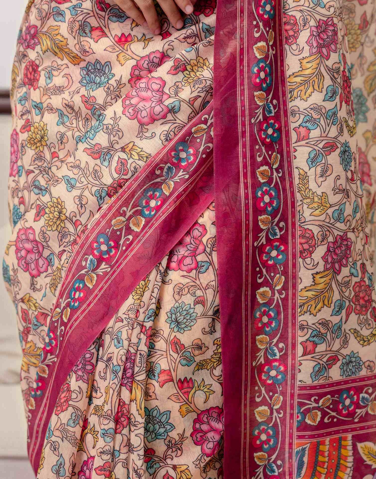 Ready To Wear Peach Linen Printed Saree