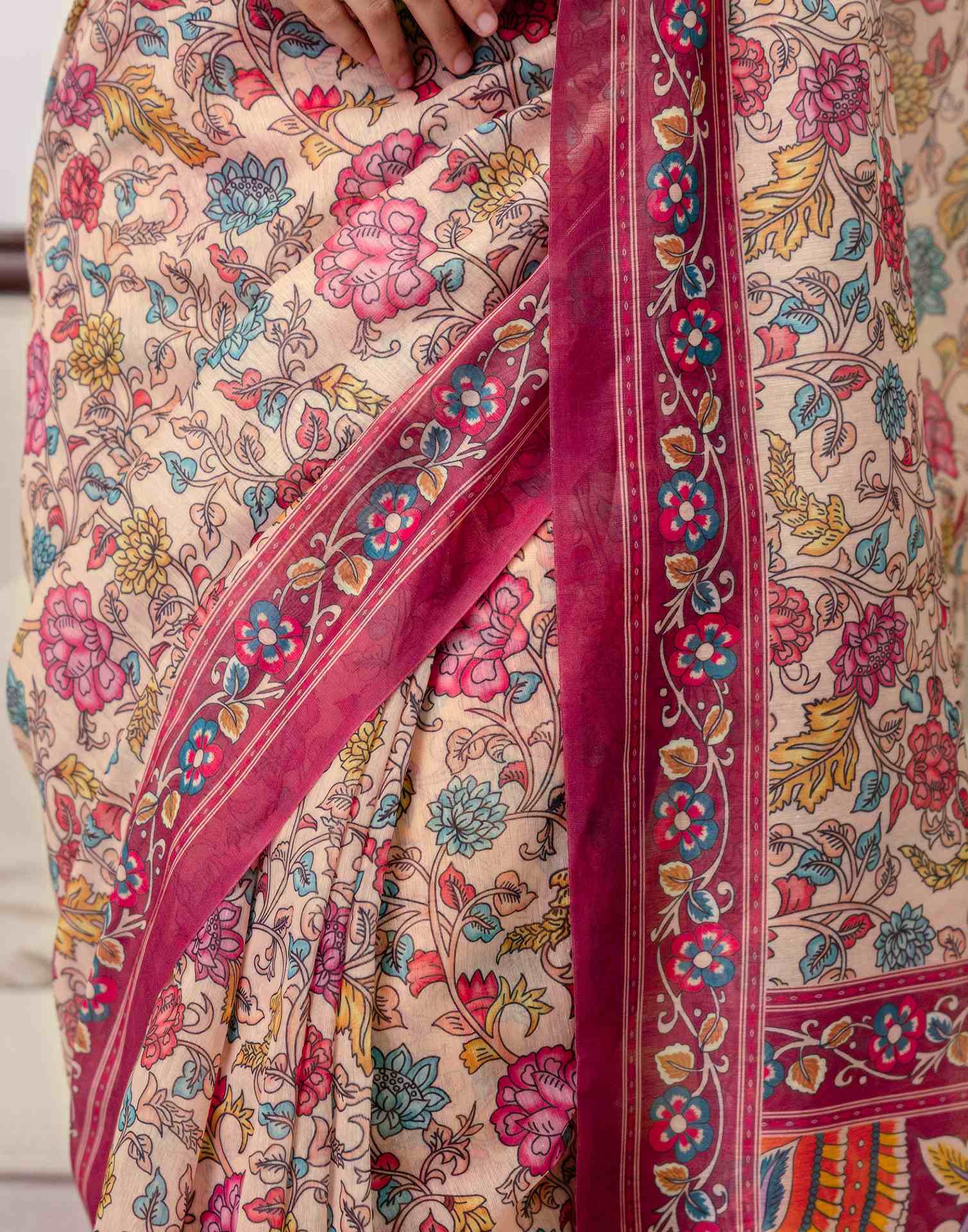 Ready To Wear Peach Linen Printed Saree