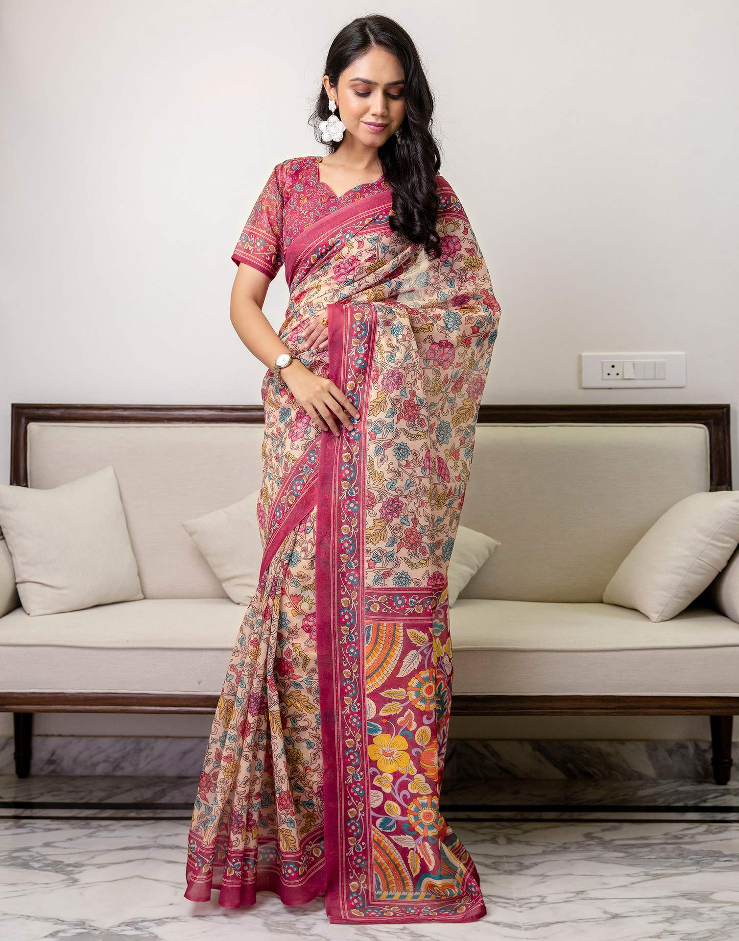 Ready To Wear Peach Linen Printed Saree
