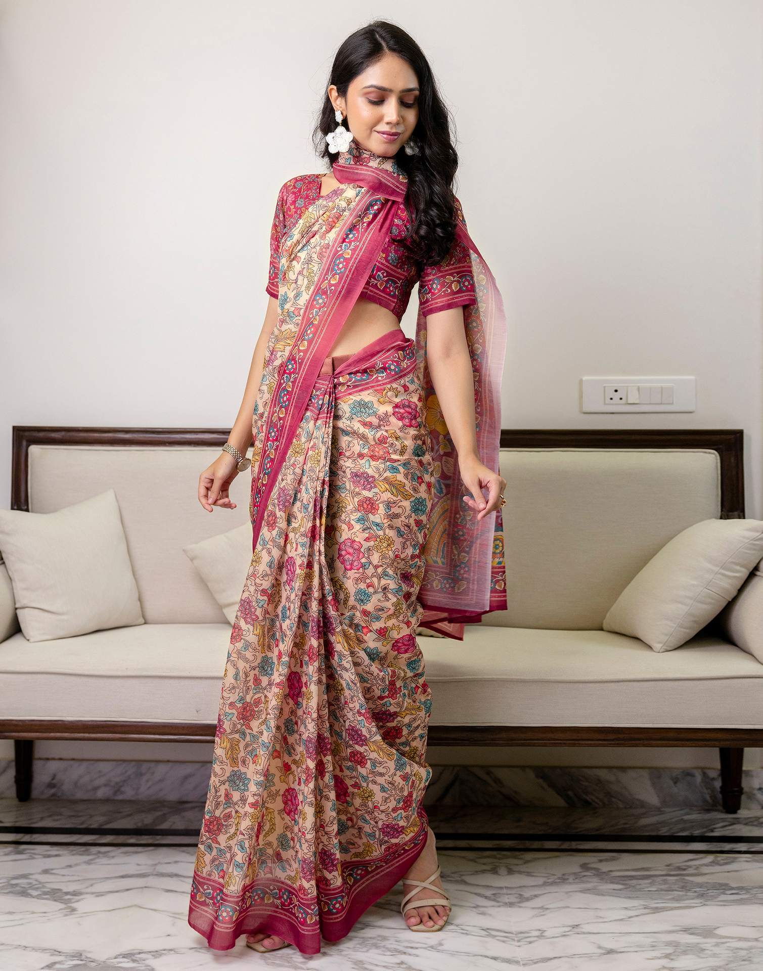 Ready To Wear Peach Linen Printed Saree
