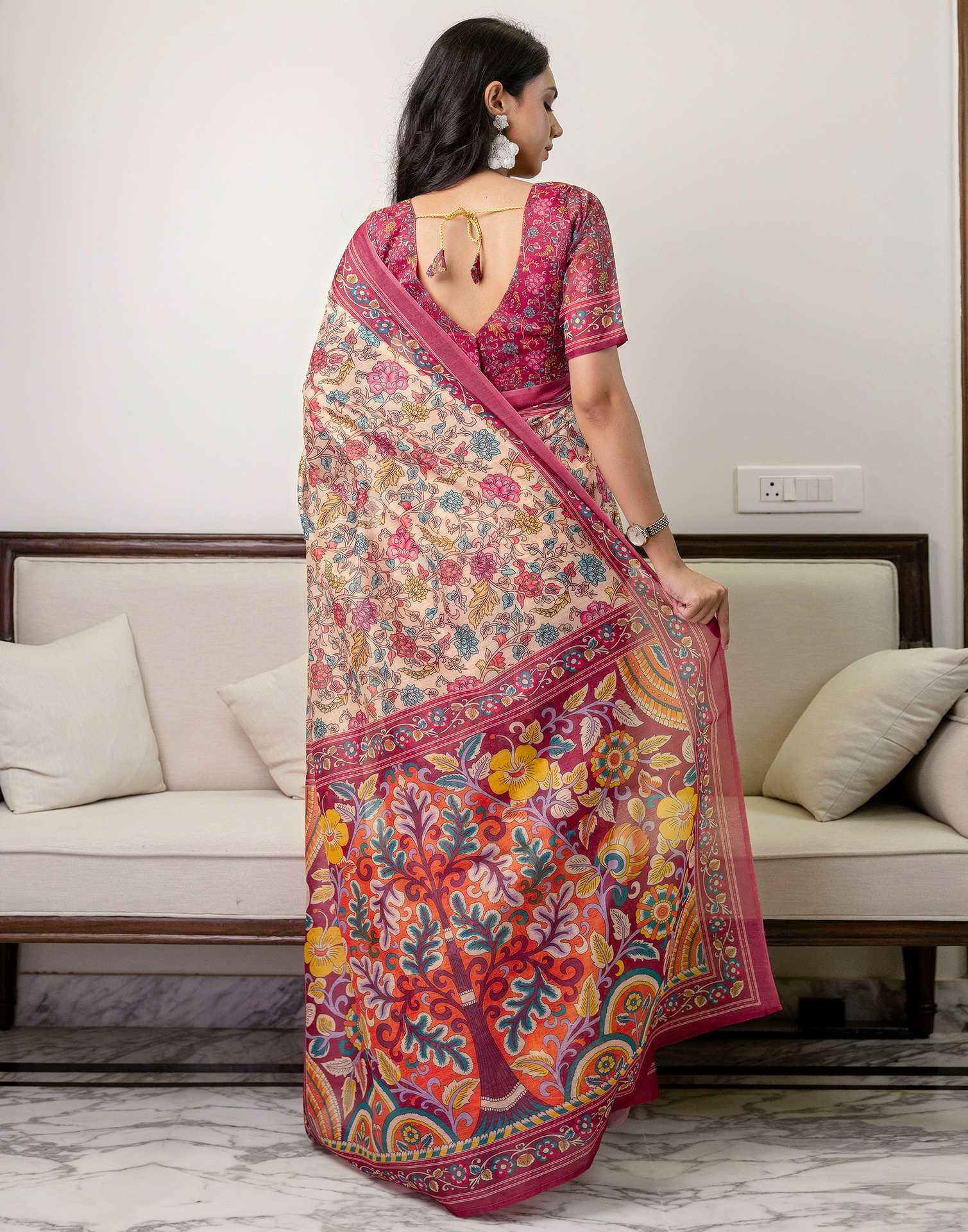 Ready To Wear Peach Linen Printed Saree