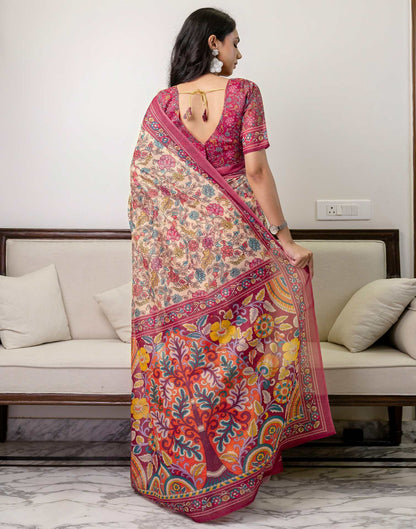 Ready To Wear Peach Linen Printed Saree