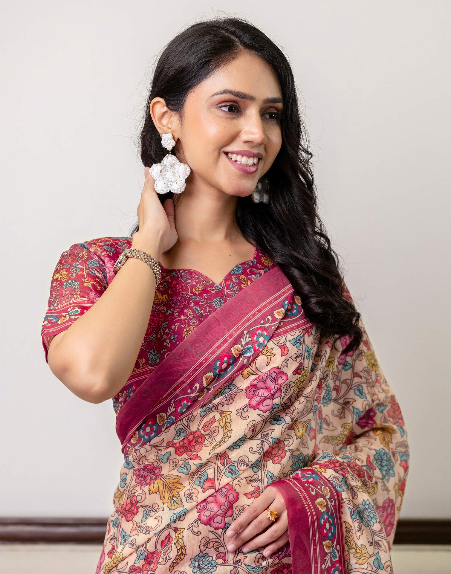 Ready To Wear Peach Linen Printed Saree