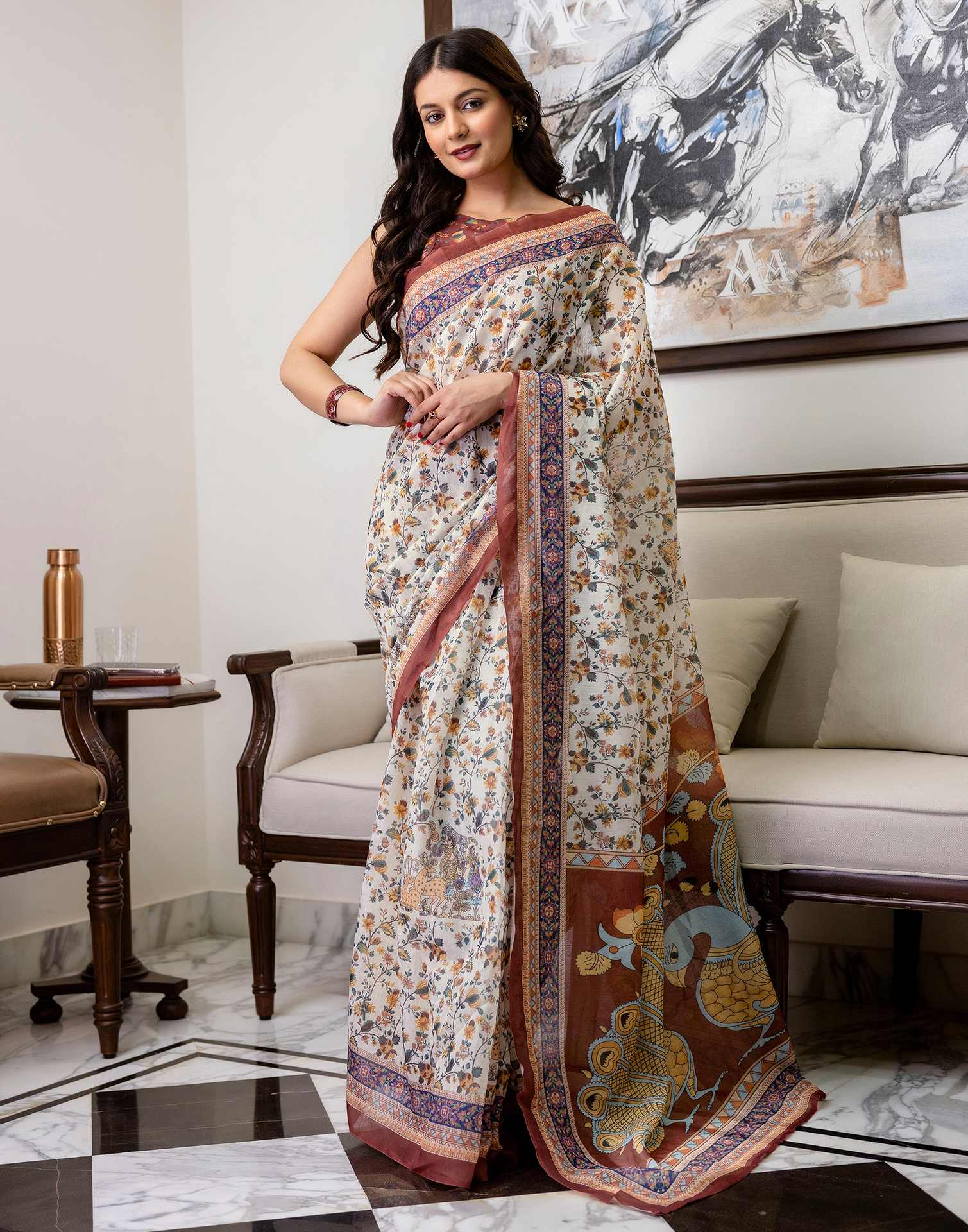 Ready To Wear Off White Linen Printed Saree