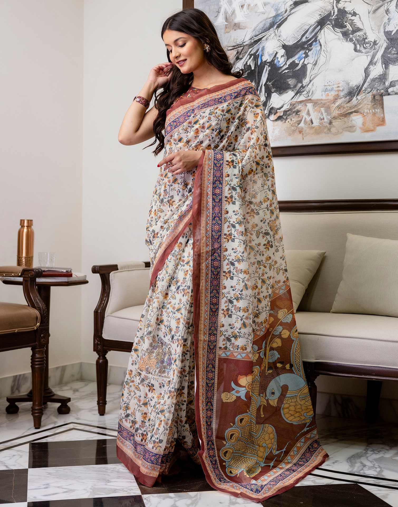Ready To Wear Off White Linen Printed Saree